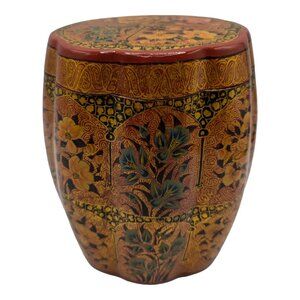 Vtg Asian Wood Brass Lined Tea Caddy Drum Chinoiserie Painted Storage Jar